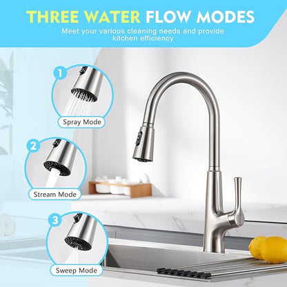 CREA Touchless Sensor Kitchen Faucet with Pull Down Sprayer, Brushed Stainless Steel Kitchen Sink Faucet, 360° Swivel Single Handle with Deck Plate for 1 or 3 Holes