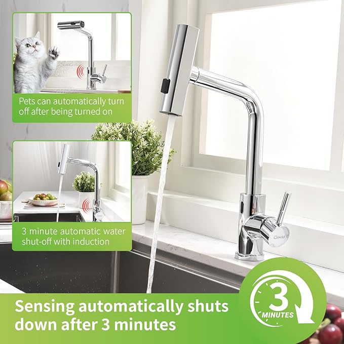 GIMILI Chrome Touchless Kitchen Faucet with Pull Down Sprayer, 15” Hight Single Hole Handle Kitchen Sink Faucets
