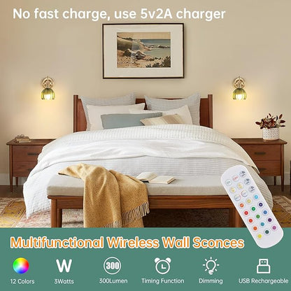 Shenmoyl Vintage Battery Operated Wall Sconce Set of 2, 5000mAh Rechargeable Wall Light, Indoor Battery Powered Wall Lamp for Bedside Bedroom Living Room, Tulip Green