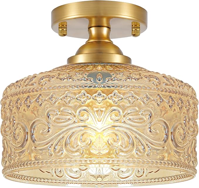 Daunton Small Semi Flush Mount Ceiling Light Fixture, Vintage Gold Close to Ceiling Lighting with Amber Etched Glass Shade for Hallway, Kitchen, Entryway (Retro Design, Easy Install)