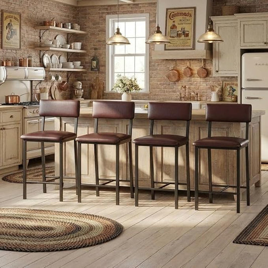 GarveeHome Bar Stools Set of 4 with Back & Footrest, Upholstered Counter Stools with Thickened Metal Legs, 24.8 Inches Counter Height Barstools, for Kitchen Island, Bar, Brown