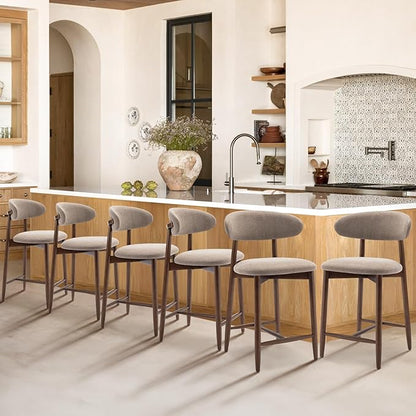 Upholstered Counter Height Bar Stools Set of 6, Kitchen Island Stools with Back, Modern Counter Stools Island Bar Chairs with Wood Legs for Kitchen Island Dining Room Bar, Camel