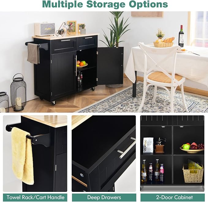 Giantex Kitchen Island Cart, Rolling Island Table with Rubber Wood Tabletop, 2 Drawers, Storage Cabinet & Towel Rack, Bar Kitchen Cart On Wheels for Dining Room (Black)
