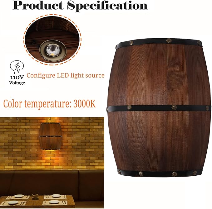 1PCS 11.81" Height Antique Wood Wine Barrel Wall Sconce Lighting Fixture Indoor Wall Lamps Rustic Farmhouse Style Wall Lighting Fixture for Bar, Bedroom, Corridors, Cafes