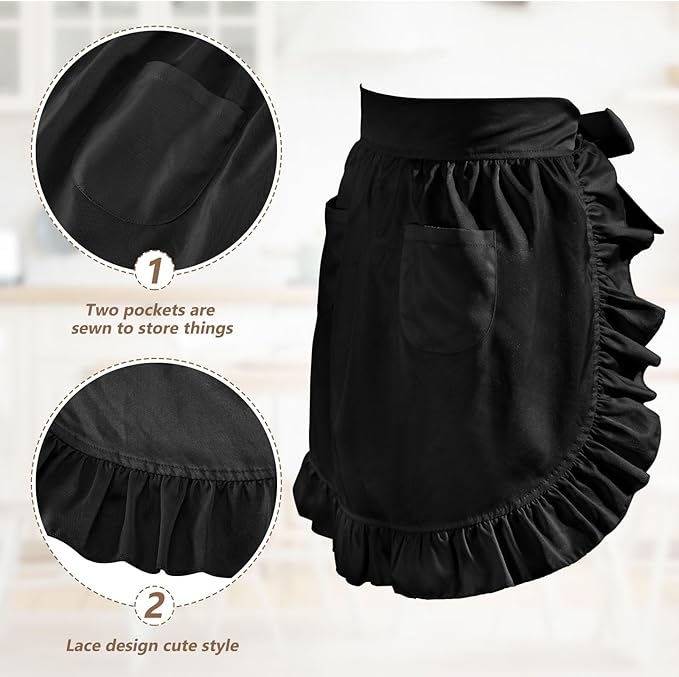 Geyoga Aprons for Women with Pockets Kitchen Cooking Waitress Maid Apron Vintage Skirt Cute Ruffle Dress Costume(Black,Waist Style)