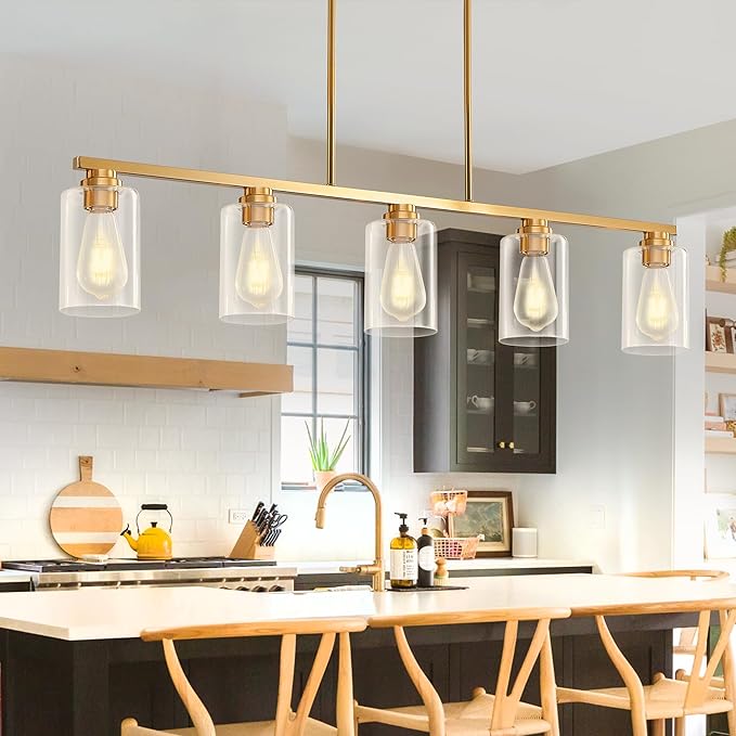 Mecgirn Island Light for Kitchen, Brushed Gold Dining Room Light Fixture Over Table, 5-Light Linear Chandelier Pendant Lighting for Dining Table Kitchen Island Living Room