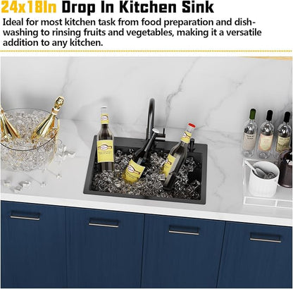Black Kitchen Sink,24x18 Inch Kitchen Sink Stainless Steel Drop In Kitchen Sink Topmount Stylish and Modern Look Sink With Bottom Grid,Silicon Mat And Drain Assembly Add Elegance & Enhance Usability