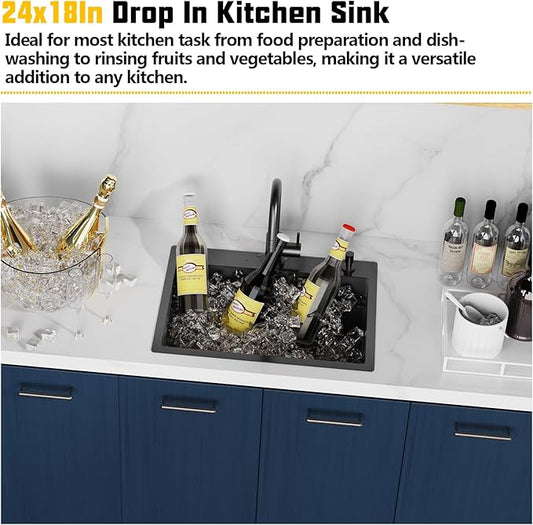 Black Kitchen Sink,24x18 Inch Kitchen Sink Stainless Steel Drop In Kitchen Sink Topmount Stylish and Modern Look Sink With Bottom Grid,Silicon Mat And Drain Assembly Add Elegance & Enhance Usability