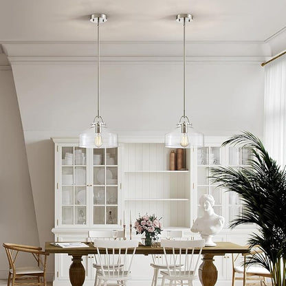 WUZUPS Chandelier Rustic Farmhouse Industrial Round Ceiling Pendant LED Light Fixture with Clear Glass Shades for Dining Room Kitchen Island Foyer Entryway, H 9.4" x W 10.6", E26 Base, Brushed Nickel