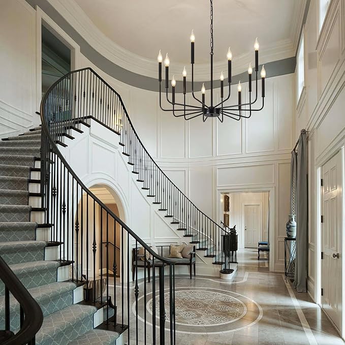 Modern Farmhouse Chandelier 12 Lights Large Black Chandeliers for Dining Room Light Fixture Rustic Pendant Lighting Fixtures Ceiling Candle Chandeliers for Living Room Kitchen Foyer Bedroom Hallway