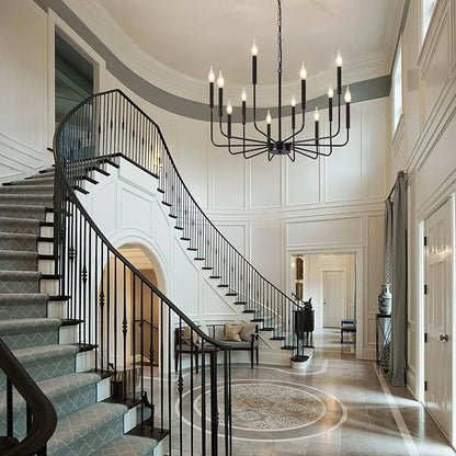 Modern Farmhouse Chandelier 12 Lights Large Black Chandeliers for Dining Room Light Fixture Rustic Pendant Lighting Fixtures Ceiling Candle Chandeliers for Living Room Kitchen Foyer Bedroom Hallway