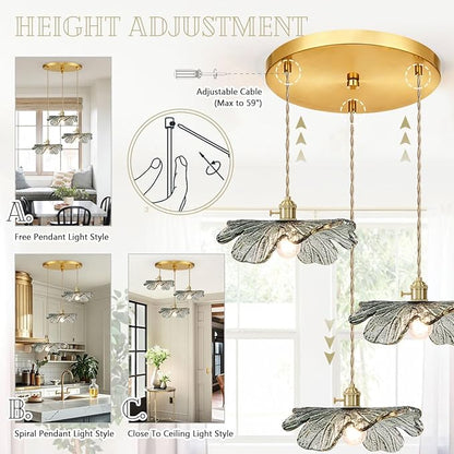 Gold Brass Chandelier 3-Light Retro Hanging Pendant Light Fixtures Dark Green Glass Shade Mid Century Modern Chandelier for Dining Room Farmhouse Living Room