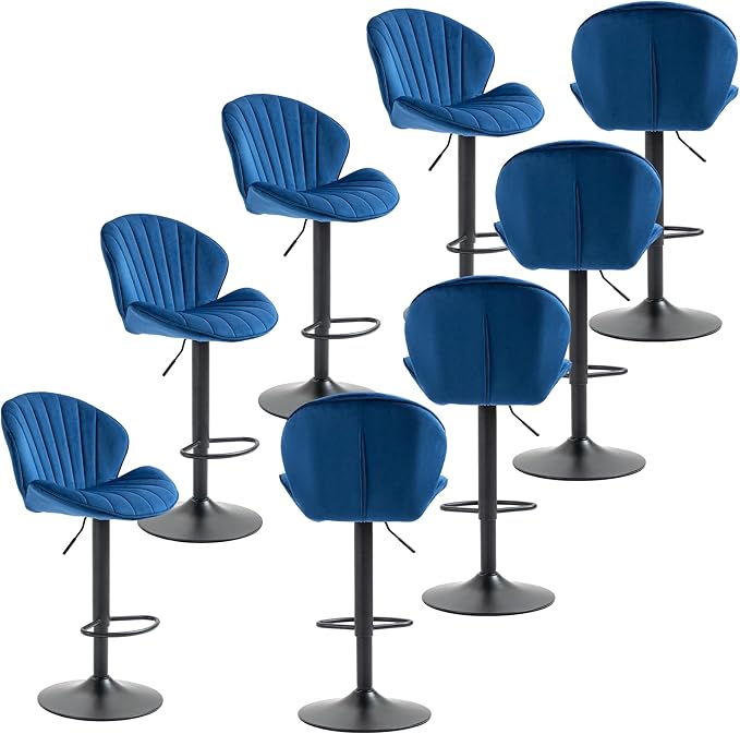 Rhomtree 24-32 Inch Swivel Bar Stools, Adjustable Counter Height Barstools, Velvet Tufted Upholstered and Footrest Barstools, Upholstered Bar Chairs for Home Bar Kitchen Island(Blue Set of 8)