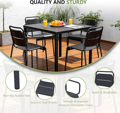 Metal Dining Chairs, Stackable Dining Chairs with Arms, Patio Dining Chairs, Porch Chairs for Deck Balcony Garden Terrace Poolside Backyard 450 lbs Capacity (Black)