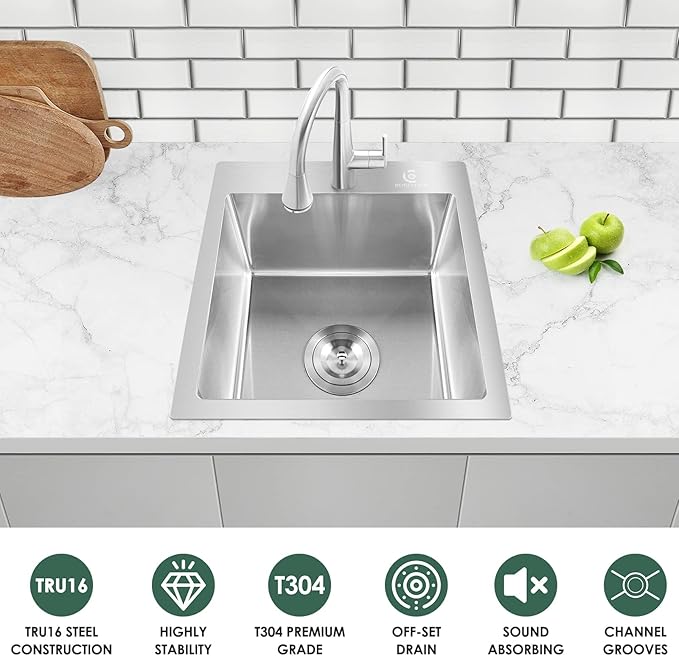 17 x 15 Inch Drop in Kitchen Sink Top mount Bar Sink 16 Gauge Stainless Steel Single Bowl Workstation with Sink Protector (Brushed Nickel)