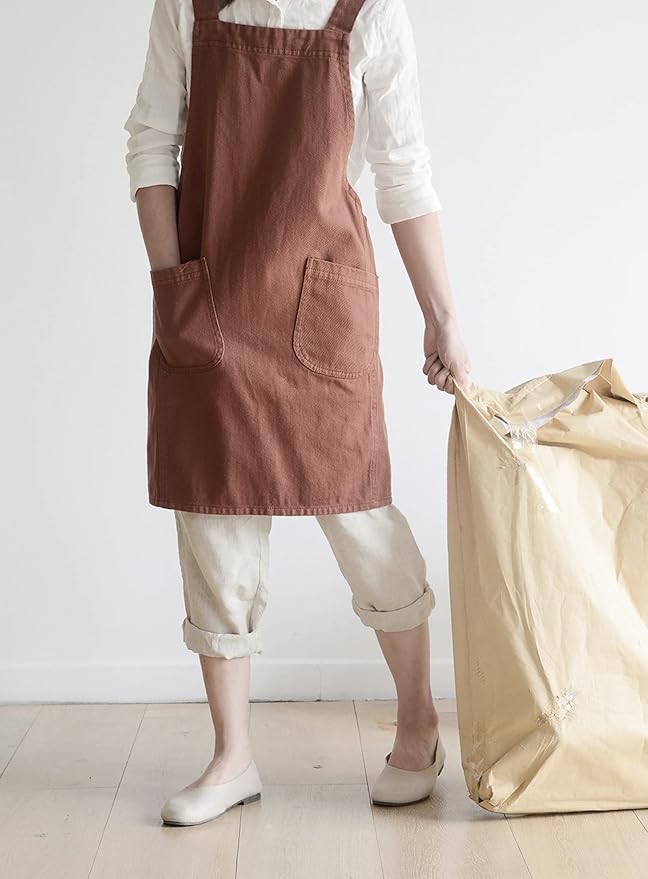 Japanese Cotton Linen Cross Back Apron with Pockets,Fashion Pinafore Dress for Gardening Painting Cleaning Cooking