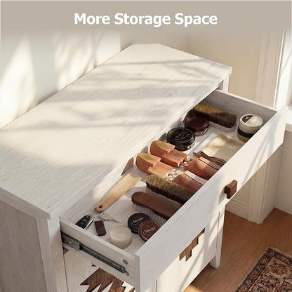 5-Tier Shoe Cabinet with Drawers, Wooden Shoe Storage Cabinet with Adjustable Shelves,Simple Tribal Style Freestanding Walnut Shoe Cabinet Suitable for Entrance,Corridor,Cloakroom,White