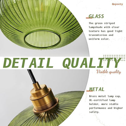 2 Pack Mid Century Modern Green Glass Pendant Light Fixture Brushed Gold Pendant Lights Kitchen Island Adjustable Globe Pendant Lighting for Bedroom Dining Room Entryway