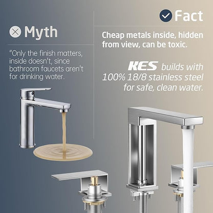 KES Brushed Nickel Bathroom Faucet 3 Hole, 8-Inch Widespread Bathroom Sink Faucet with Metal Bathroom Sink Drain with Overflow, Vanity Faucet with cUPC Supply Line, L4350LFF12-BS-C1