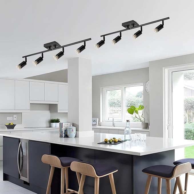 SEEBLEN 4-Light GU10 Track Lighting, Black Adjustable Ceiling Spot Light Kit, Industrial Flush Mount LED Track Light for Kitchen, Hallway, Living Room