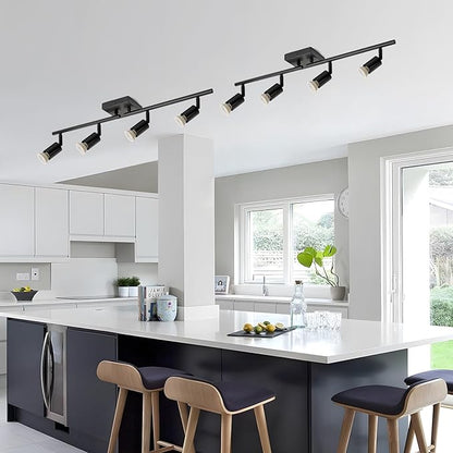 SEEBLEN 4-Light GU10 Track Lighting, Black Adjustable Ceiling Spot Light Kit, Industrial Flush Mount LED Track Light for Kitchen, Hallway, Living Room