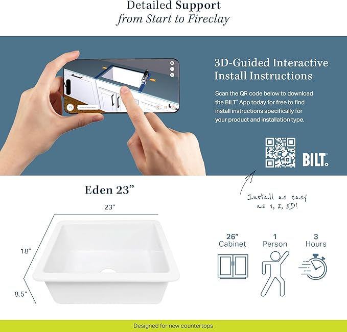 Sinkology Eden Fireclay Undermount Kitchen Sink, Undermount Installation, Surefire Finish (Crisp White, 23")