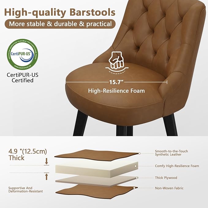 Vipbear Swivel Bar Stools Set of 2, Updated Thickened Faux Leather Counter Height Barstools with Backs, Solid Wood Legs, 26" Modern Bar Height Stools for Kitchen Island, Dining Room, Brown Seat