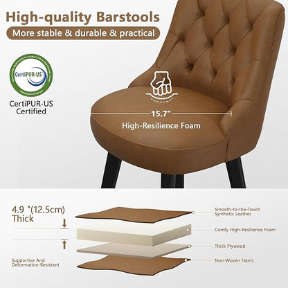 Vipbear Swivel Bar Stools Set of 2, Updated Thickened Faux Leather Counter Height Barstools with Backs, Solid Wood Legs, 26" Modern Bar Height Stools for Kitchen Island, Dining Room, Brown Seat