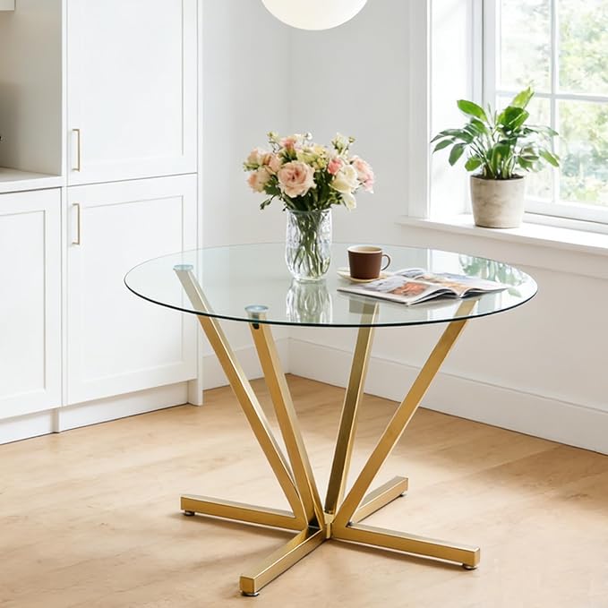 Round Dining Table for 4 6 People, 45.3" Modern Glass Kitchen Table, Circle Gold Dinner Table with 0.32" Thick Tempered Glass Top and Metal Legs, Glass Dining Room Furniture for Kitchen Living Room