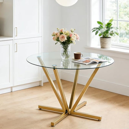 Round Dining Table for 4 6 People, 45.3" Modern Glass Kitchen Table, Circle Gold Dinner Table with 0.32" Thick Tempered Glass Top and Metal Legs, Glass Dining Room Furniture for Kitchen Living Room