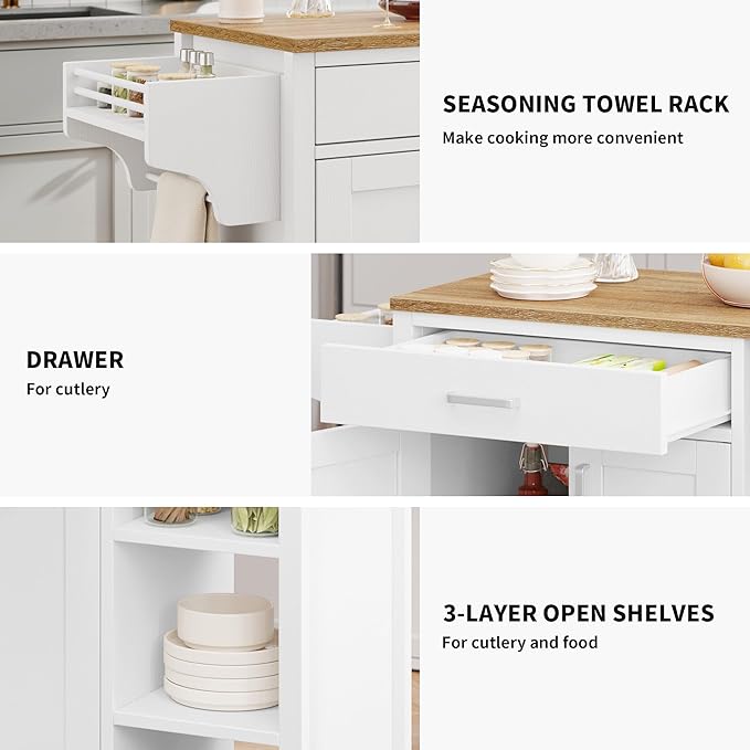DWVO Rolling Kitchen Island Table on Wheels, Mobile Kitchen Cart with Storage, Butcher Block Island with Open Shelf, Drawer, Spice/Towel Rack, 37inch, White