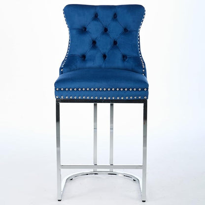 25" Counter Height Bar Stools Set of 2, Modern Velvet with Button Back Rivet Trim Upholstered Kitchen Island Chairs with Sturdy Chromed Metal Base Legs Farmhouse Bar Stools, (Blue,2 Pack)