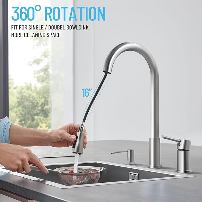 3 Hole Kitchen Faucets, Brushed Nickel Kitchen Faucet with Soap Dispenser, Kitchen Faucets with Pull Down Sprayer and Single Side Handle 3 Pieces, Stainless Steel High Arc Kitchen Sink Faucet