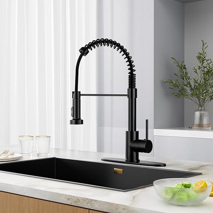 Black Kitchen Faucet with Pull Down Sprayer, High Arc Spring 304 Stainless Steel Commercial Kitchen Sink Faucet,1 or 3 Hole Installation for Farmhouse, RV Camper, Laundry & Utility Sink
