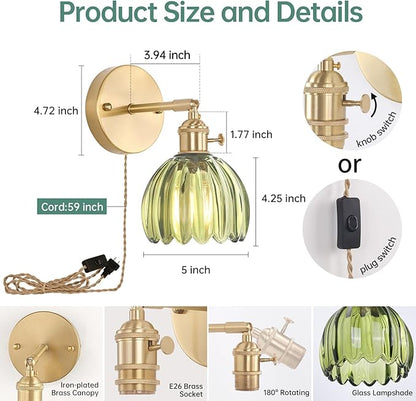 Shenmoyl Plug in Wall Sconce, Green Tulip Glass Lampshade Wall Light Plugin Corded for Bedside Bedroom Doorway, 2 Pack
