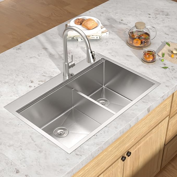 36x22 Inch Drop In Double Bowl Kitchen Sink - 16 Gauge 304 Stainless Steel 60/40 Workstation All-In One Large Sink with Cutting Board, and Two Holes #TLDB-504