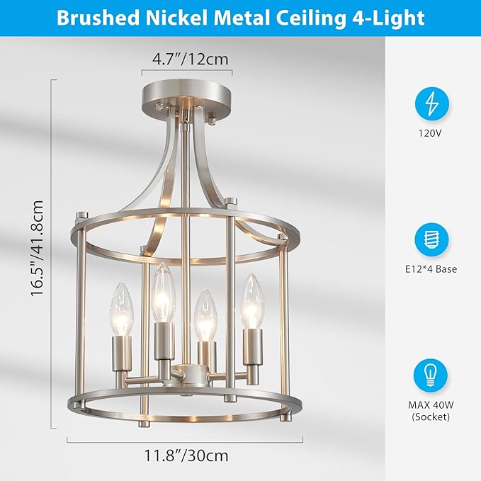 XINGQI Brushed Nickel Semi Flush Mount Ceiling Light Fixture Modern 4 Light Round Small Mini Chandelier Cage Ceiling Lights for Entryway Foyer Hallway 12" Geometric Dining Room Chandelier