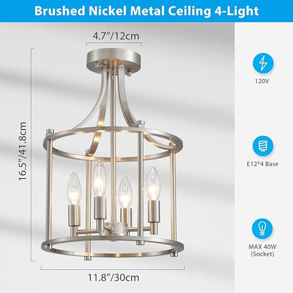 XINGQI Brushed Nickel Semi Flush Mount Ceiling Light Fixture Modern 4 Light Round Small Mini Chandelier Cage Ceiling Lights for Entryway Foyer Hallway 12" Geometric Dining Room Chandelier