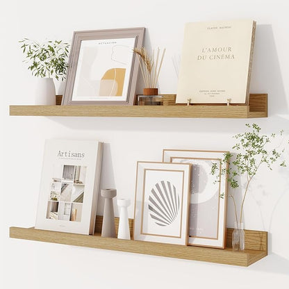 Dreamland Picture Ledge Shelf for Wall, Floating Shelves Set of 2, 24 Inch Long Floating Shelves with Lip for Living Room, Bedroom, Bathroom, Kitchen, Oak