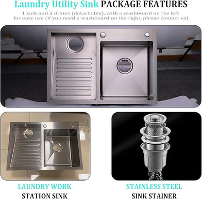 900mm/35.4Inch Laundry Utility Sink With Washboard Stainless Steel Kitchen Sink with Faucet Household Pool Balcony Room Wash Basin Easy Clean Double-Bowl