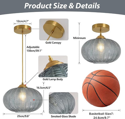 KCO Lighting Large Glass Pendant Lights Kitchen Island Brass Gold Pendant Light Gold Globe Hanging Light Smoked Striped Glass Pendant Light Mid Century Modern Dining Room Light Fixture