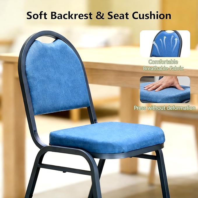 Stackable Banquet Dining Chairs 4 Pack, Upholstered Crown Back Event Chairs with Blue Fabric Seat, Heavy Duty Steel Frame, 300 lb Capacity, No Assembly, for Restaurant Wedding Conference