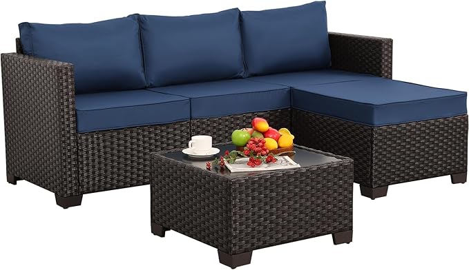 Patio Furniture Set 3 Pieces Outdoor Sectional Sofa Set Wicker Patio Furniture Outdoor Couch Outdoor Ottoman Coffee Table with Storage All-Weather Anti-Slip Cushions Waterproof Covers, Navy Blue