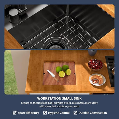 16 Inch Outdoor Undermount Bar Sink With Faucet and Cover - Beslend 16x17x9 Undermount Kitchen Sink Workstation 16 Gauge Stainless Steel Single Bowl Sinks Under Counter Indoor Outdoor Black