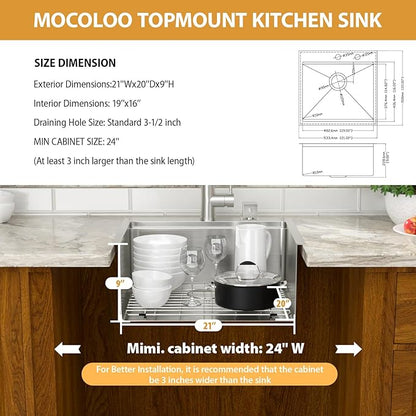 Mocoloo 21 Inch Bar Sink with Faucet, 16 Gauge Drop in Workstation Sink - 21x20x9" Stainless Steel Single Bowl Small Kitchen Sink with Pull-Out Faucet