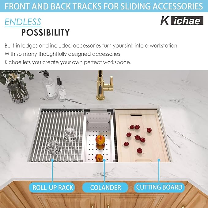 Kichae 36 Undermount Kitchen Sink- 36 x 19 Undermount Sink Ledge Workstation Stainless Steel 16 Gauge Single Bowl Round Corner Handmade with Cutting Board