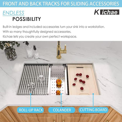 Kichae 36 Undermount Kitchen Sink- 36 x 19 Undermount Sink Ledge Workstation Stainless Steel 16 Gauge Single Bowl Round Corner Handmade with Cutting Board