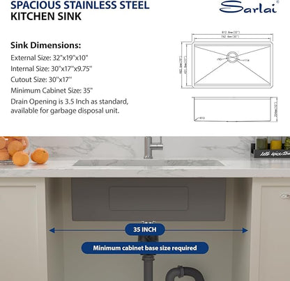 Sarlai 32 Undermount Sink Black Stainless - 32" x19" Kitchen Sink Ledge Workstation Gunmetal Black 16 Gauge Stainless Steel Deep Single Bowl Under Counter Rectangular Sinks Basin