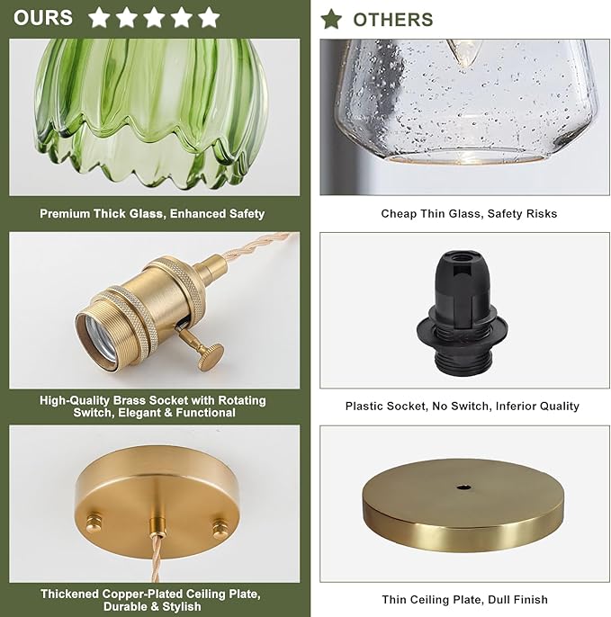 Mini Pendant Lights Kitchen Island, Small Adjustable Pendant Light Fixture with Green Tulip Glass Lampshade, Vintage Gold Pendant Lighting, Pendant Light for Bedroom Dining Room Hallway