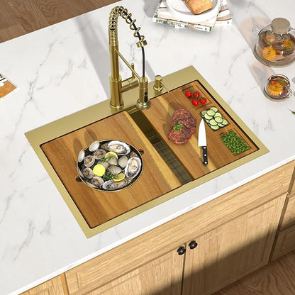 30 Gold Drop In Kitchen Sink - Workstation All-In One 16 Gauge Stainless Steel 30x22 Single Bowl Topmount Handmade Sinks for Kitchen with Mixing Board and Pasta Strainer #TLT-0070
